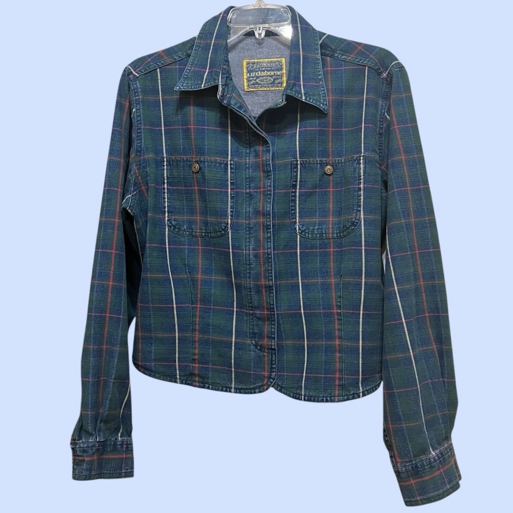Cropped Plaid Shirt Jacket Liz Claiborne LizWear Plaid Sz‎ 14 Vintage